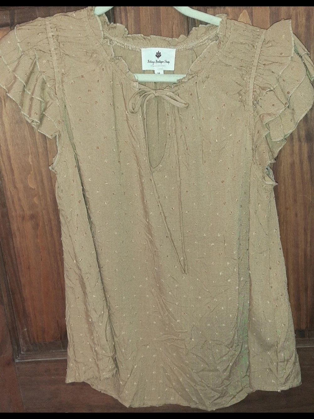 Womens Tan Swiss Dot Ruffle Sleeve Peasant Top Medium